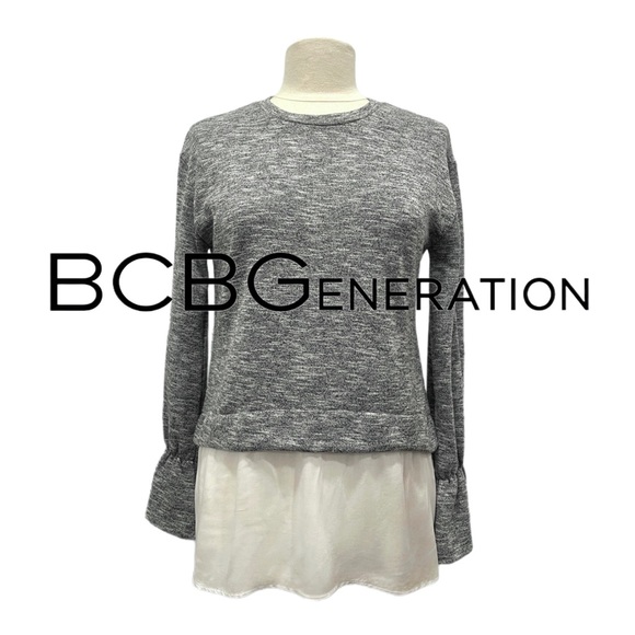 BCBGeneration Sweaters - BCBGENERATION Heather Gray & White Mixed Media Long Sleeve Ruffle Cuff Blouse